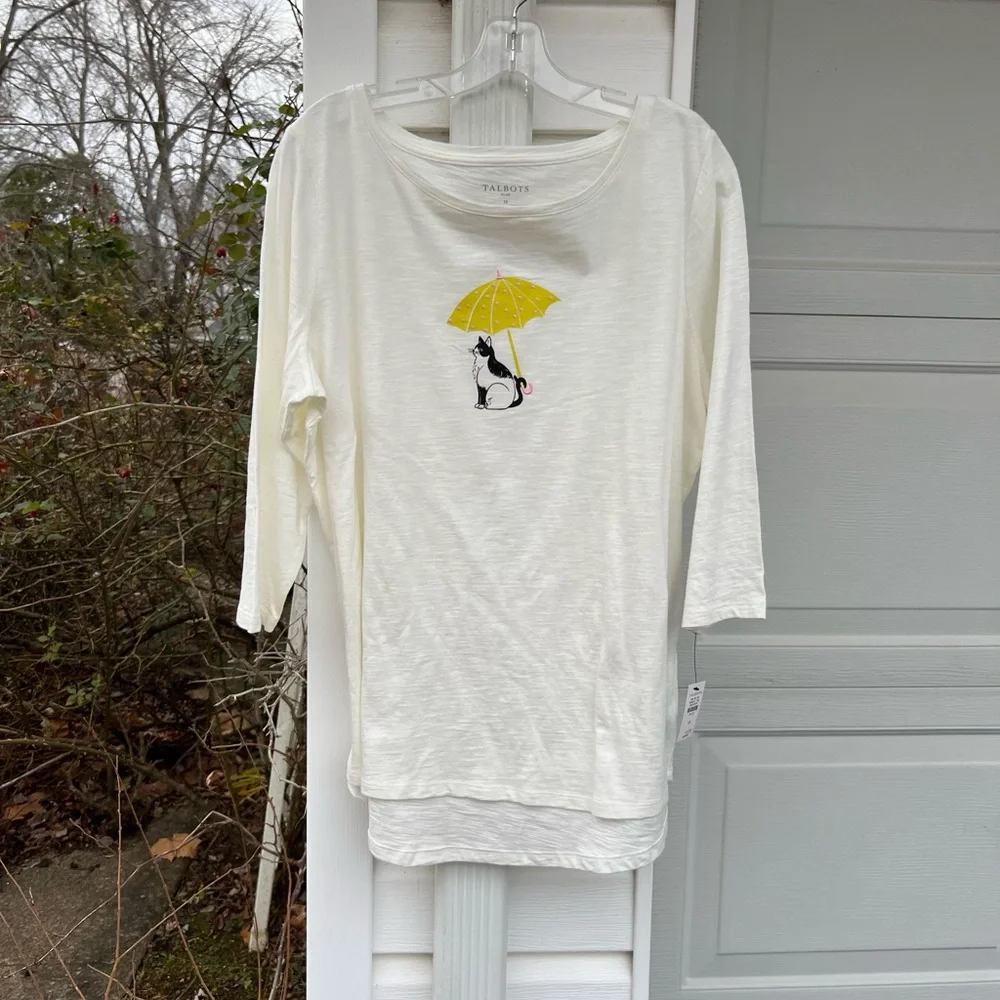 NWT Talbots Pretty Cream Embroidered Kitten With Umbrella Top